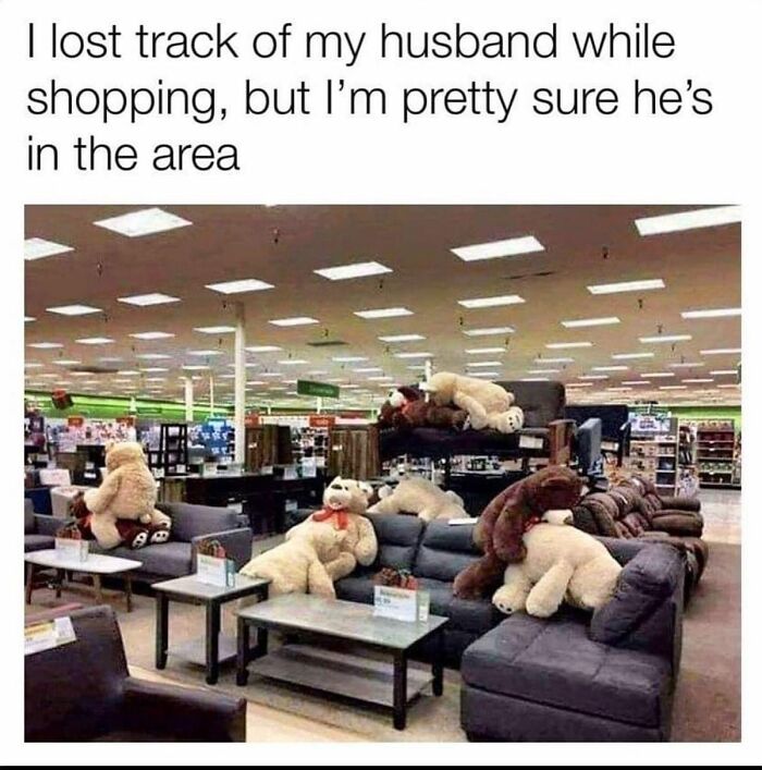 Stuffed animals arranged on furniture in a store, humorously depicting a lost husband in romantic relationships meme.