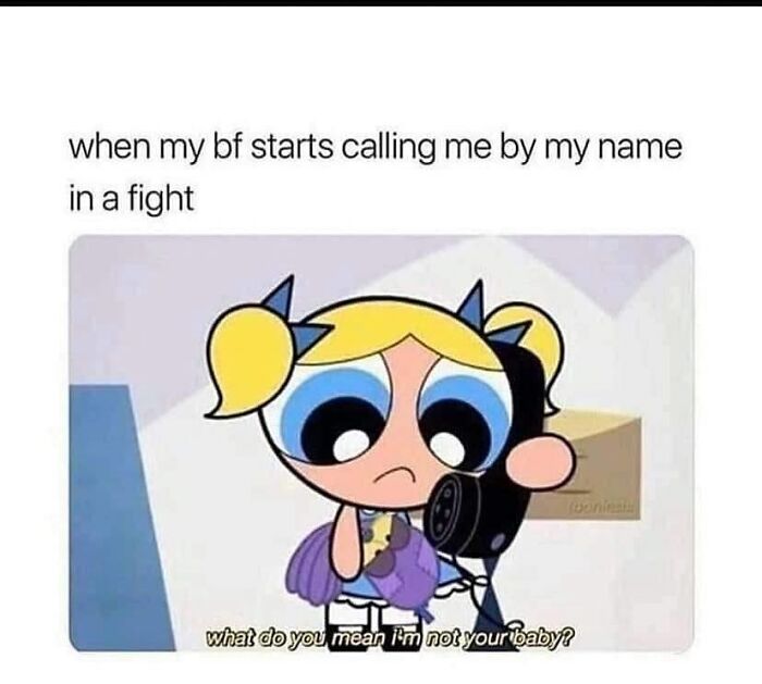 Cartoon character holding a phone with a sad expression, illustrating romantic relationship memes about fights and name calling.