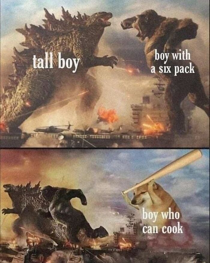 Memes showing Godzilla labeled tall boy, King Kong labeled boy with a six pack, and a dog with a bat labeled boy who can cook.