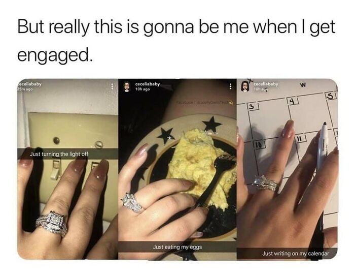 Hand with engagement ring shown turning off light, eating eggs, and writing on calendar, illustrating romantic relationship moments.