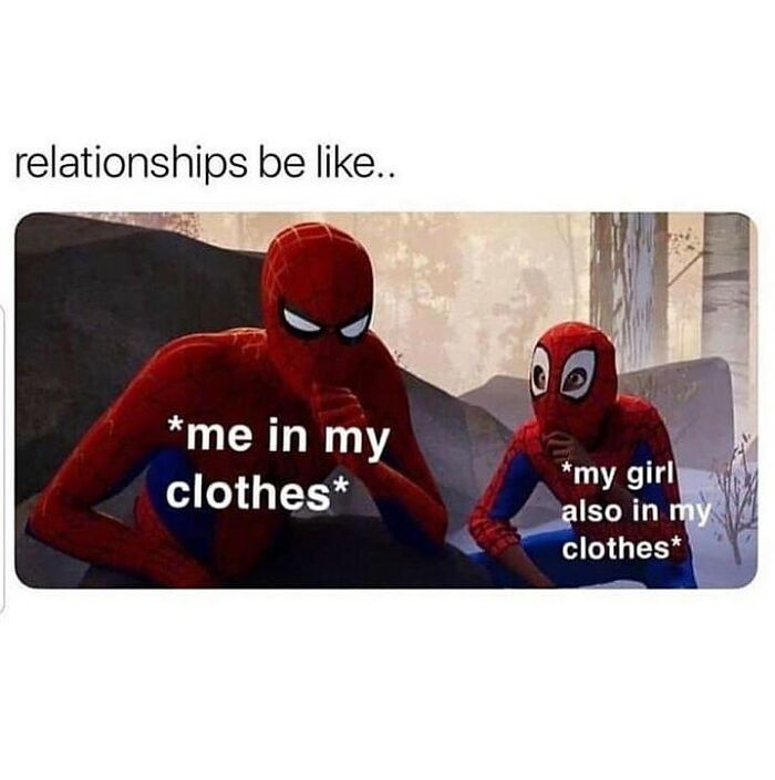 Two Spider-Man characters sitting together with text illustrating a funny romantic relationships meme about sharing clothes.