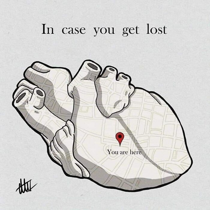 Illustration of a heart as a map with a location pin marked You are here, symbolizing romantic relationships.