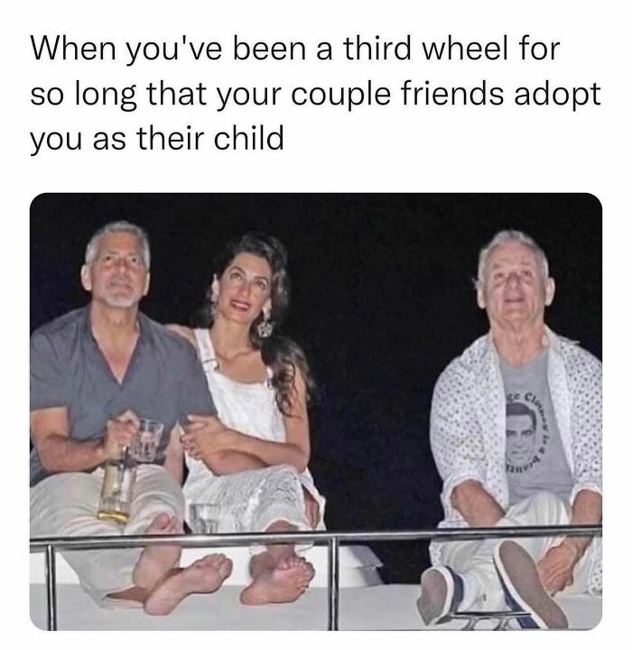 Couple sitting closely while a man sits apart, illustrating third wheel moments in romantic relationships through a funny meme.