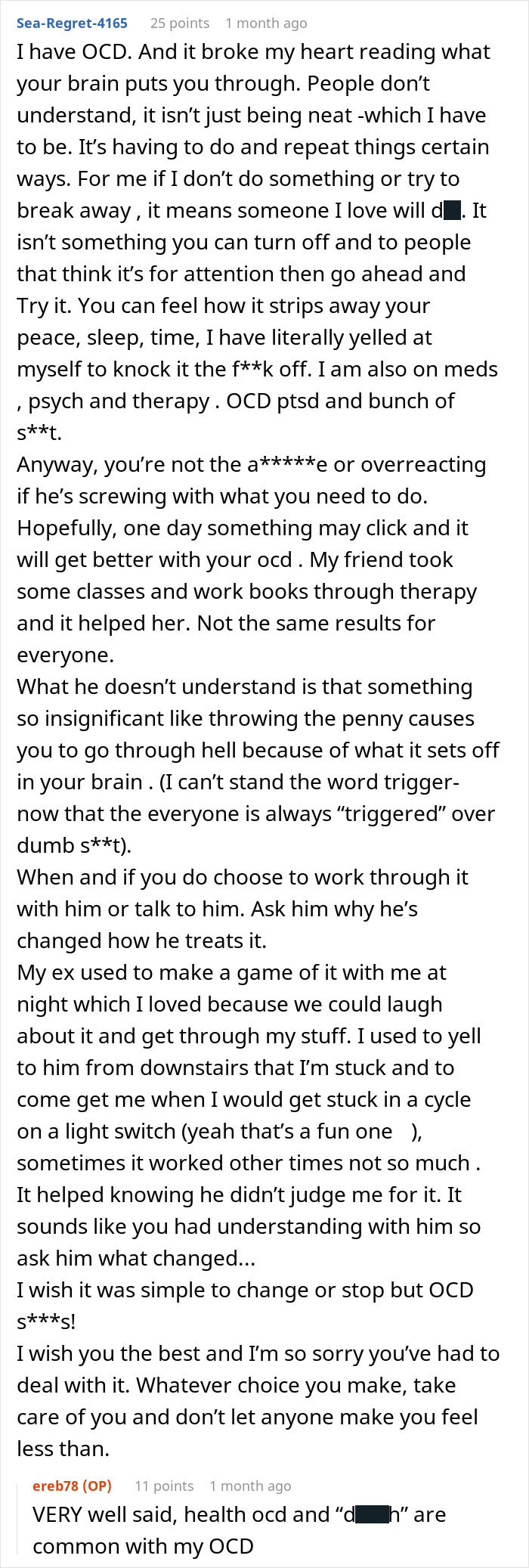 Comment discussing OCD challenges and relationship stress caused by a penny triggering mental health struggles and liberation.