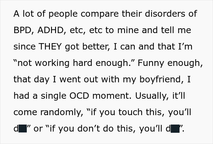 Text excerpt discussing a woman&rsquo;s experience with OCD and how it affected her relationship, touching on mental health challenges.