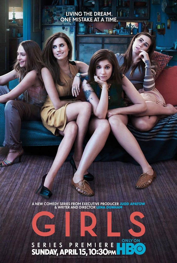 Poster of Girls TV show featuring cast members sitting on a couch, related to Lena Dunham and Adam Driver on set.