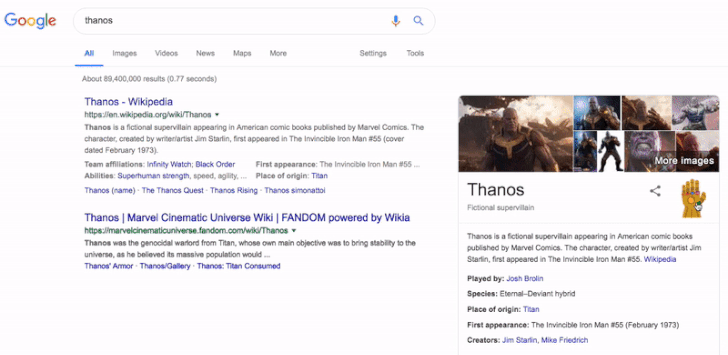 Google search results page showing Thanos character info, a popular Google Easter Eggs hidden secret and game.