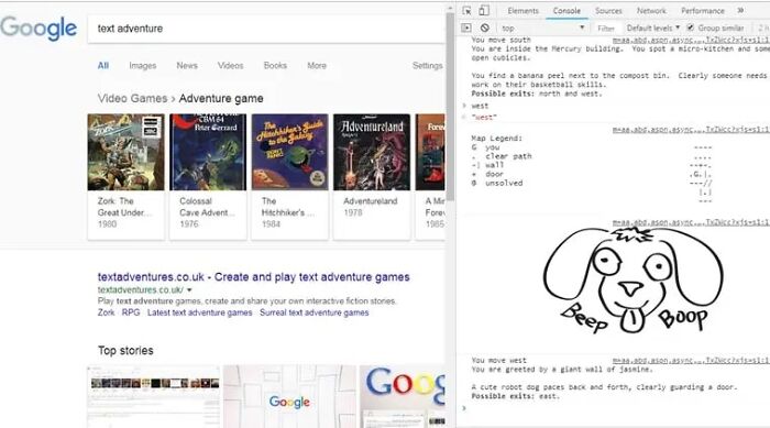 Google Easter Eggs feature a text adventure game search result with console gameplay and a doodle dog illustration.