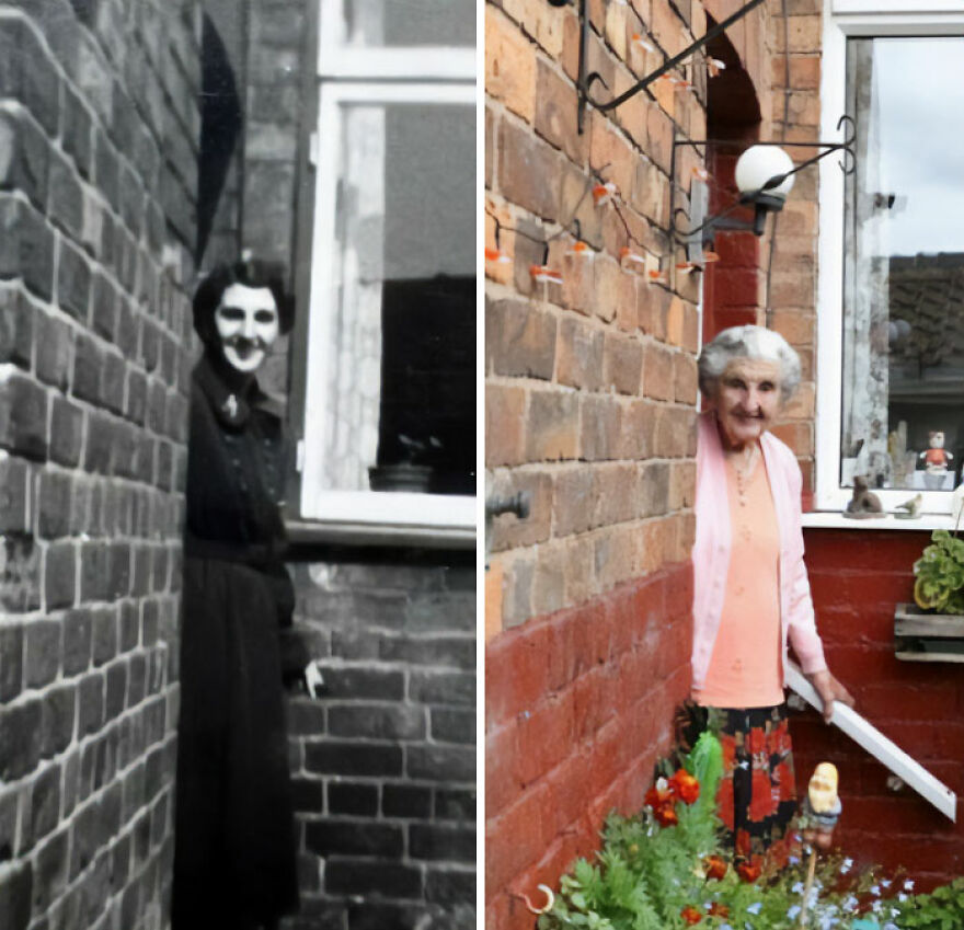 Two photos of the same woman decades apart, showing her peeking from behind a wall. Fascinating photos about history.
