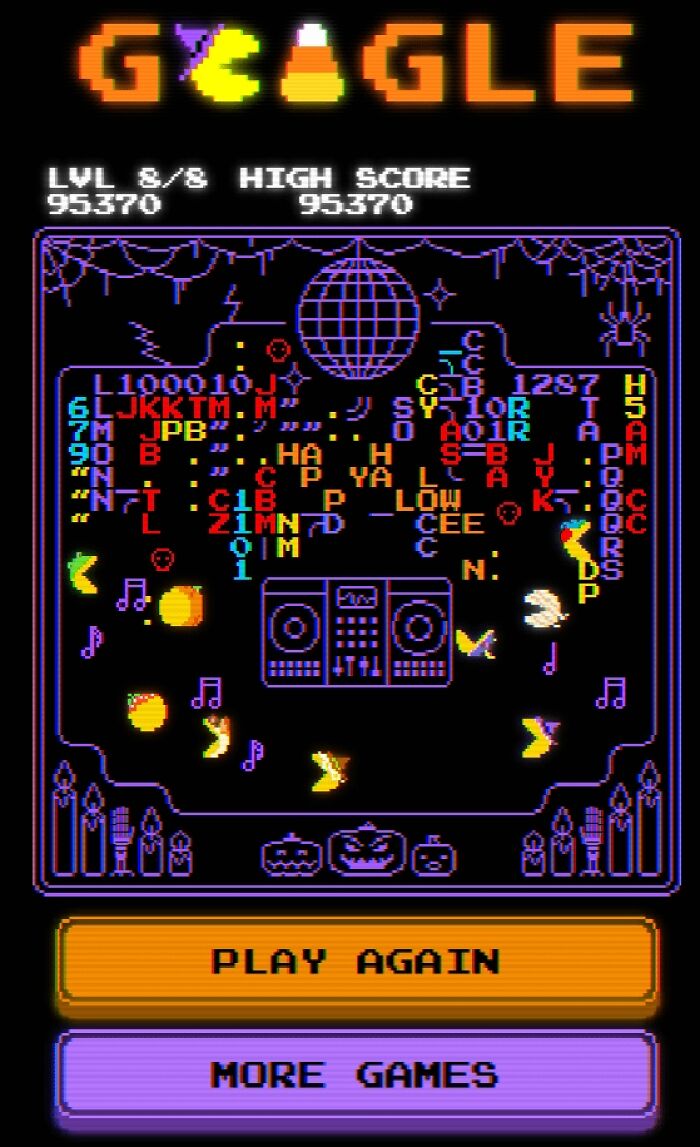 Retro-style Google Easter Eggs game screen with pixel art, high score, and Halloween-themed icons.