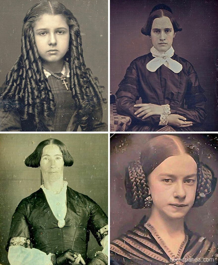 Four fascinating photos of women from history, showcasing diverse hairstyles and fashion. A glimpse into historical photos.