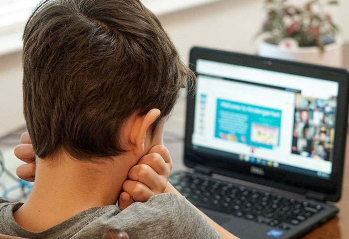 Young boy focused on a laptop screen during an online session, illustrating harmless but effective revenge on jerks.