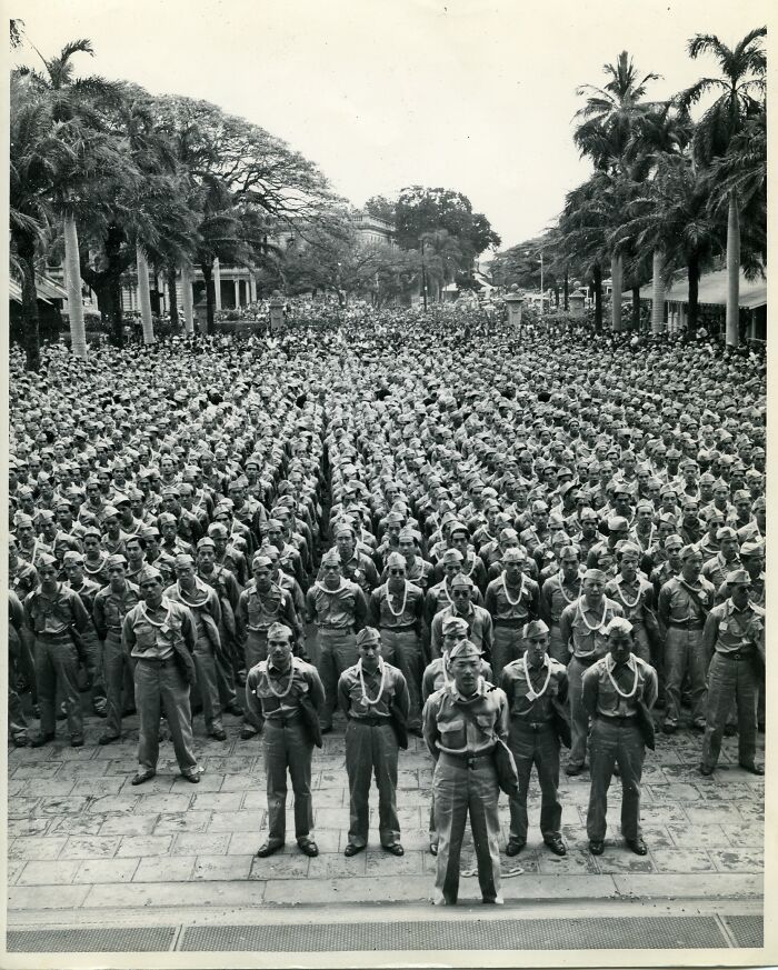 Large group of historical soldiers standing in formation, representing a vastly different world from today in this vintage photo.