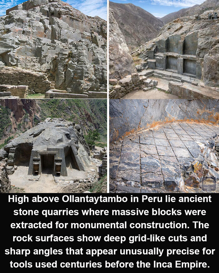 Ancient stone quarries above Ollantaytambo Peru showcasing precise cuts and sharp angles in historical marvel construction.