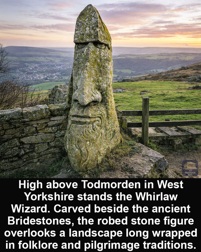 Stone carving known as the Whirlaw Wizard in West Yorkshire, a historical marvel surviving through time and folklore traditions.