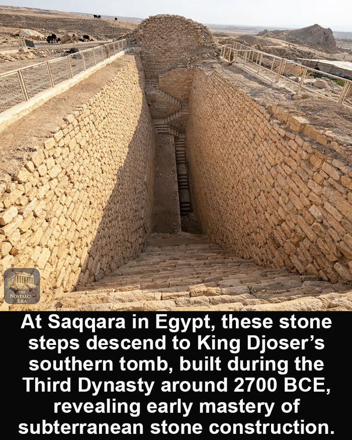 Stone steps at Saqqara in Egypt leading to King Djoser’s tomb, an impressive historical marvel of ancient stone construction.
