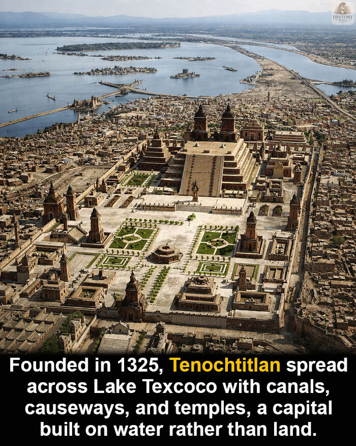 Aerial view of Tenochtitlan with canals, causeways, and temples, showcasing historical marvels that have survived through time.