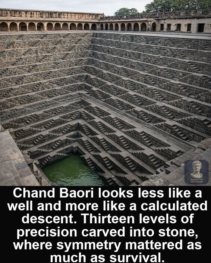 Chand Baori stepwell showcasing historical marvels with thirteen precise stone levels and intricate symmetrical design.
