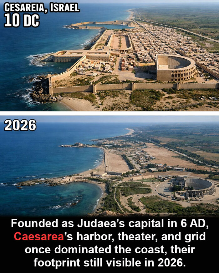 Aerial view of historic Caesarea in Israel showing ancient harbor and theater ruins, a remarkable historical marvel surviving through time.
