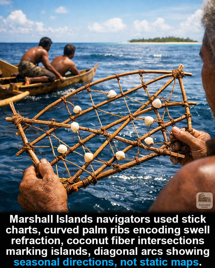 Marshall Islands navigators using historical marvel stick charts made of palm ribs and coconut fibers to navigate ocean swells.