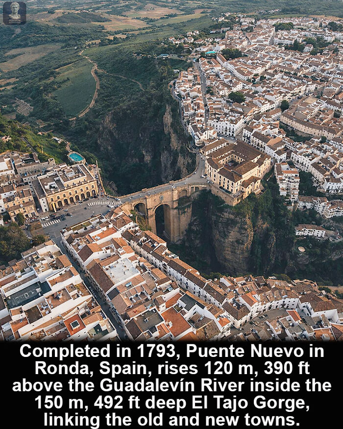 Aerial view of historical marvel Puente Nuevo bridge in Ronda, Spain, spanning El Tajo Gorge and linking old and new towns.