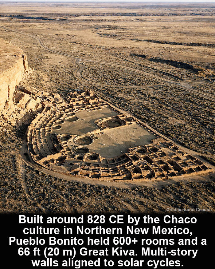 Aerial view of Pueblo Bonito ruins in New Mexico, a historical marvel built by the Chaco culture aligned to solar cycles.