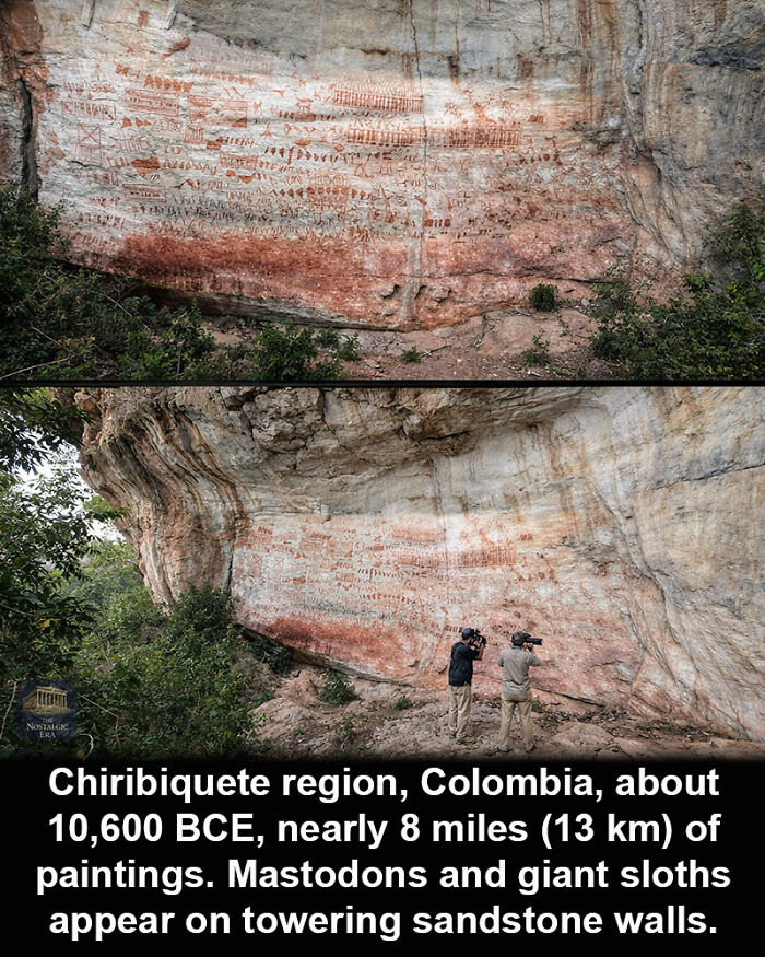 Ancient paintings of mastodons and giant sloths on towering sandstone walls in Chiribiquete, a historical marvel in Colombia.