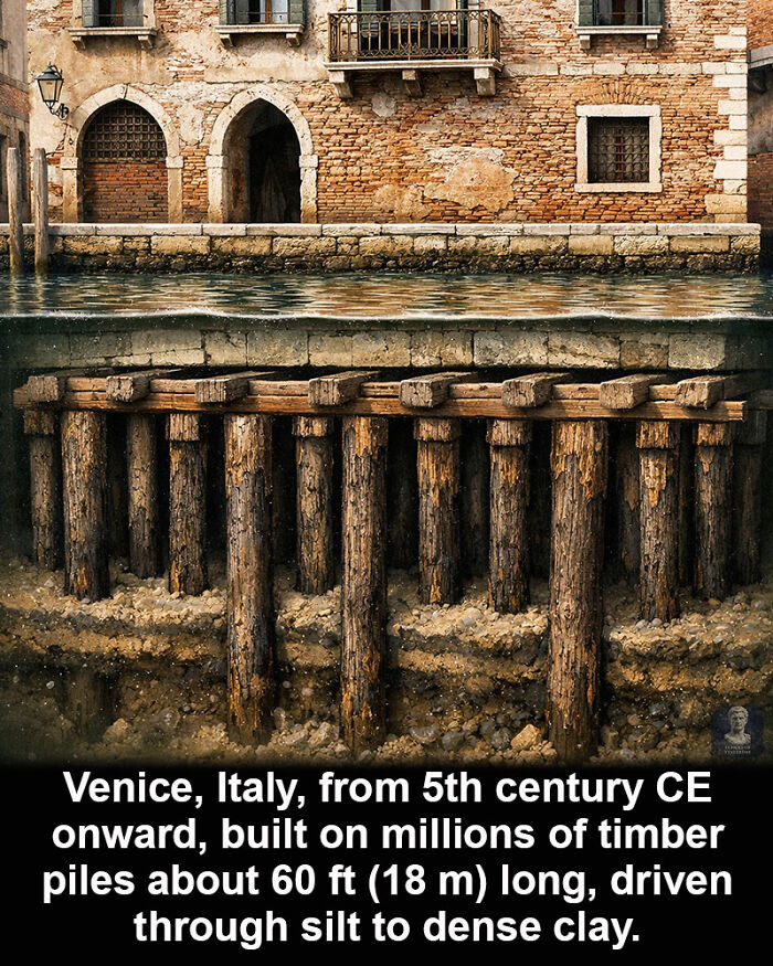 Timber piles supporting ancient Venice buildings, a remarkable historical marvel surviving through centuries of time.