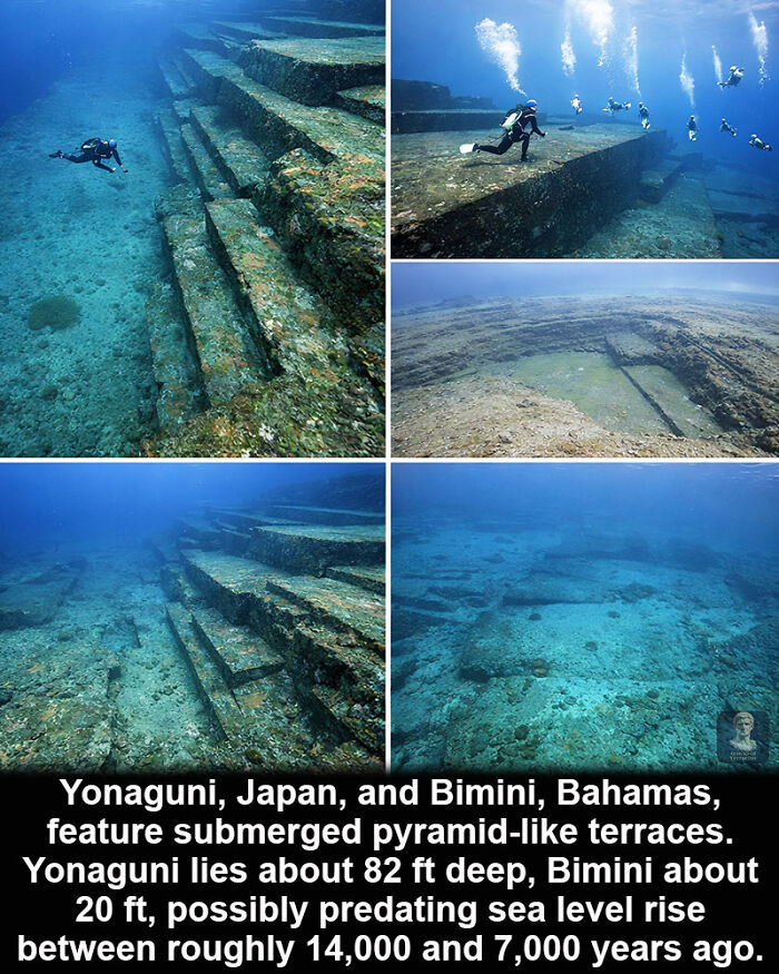Underwater submerged pyramid-like terraces in Yonaguni, Japan, and Bimini, Bahamas, as historical marvels surviving time.