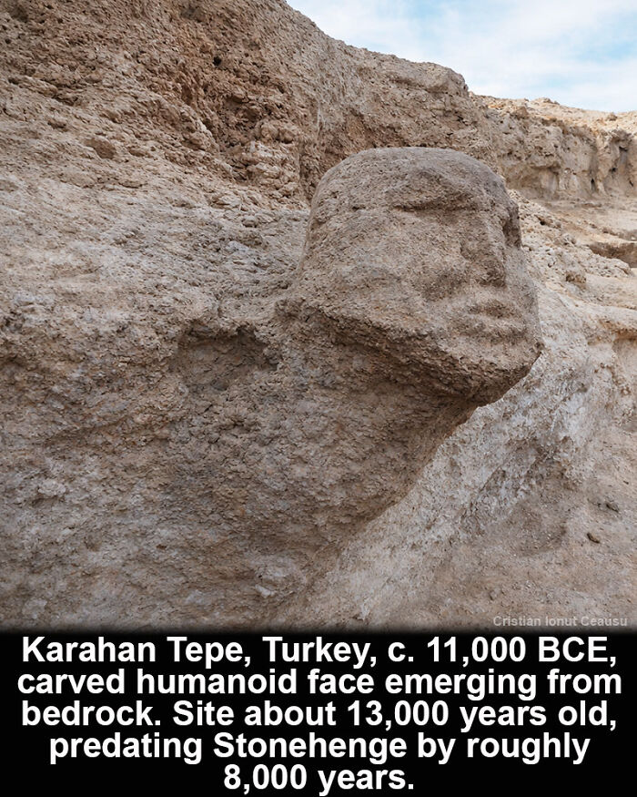 Ancient carved humanoid face emerging from bedrock at Karahan Tepe, a historical marvel surviving over 13,000 years in Turkey.