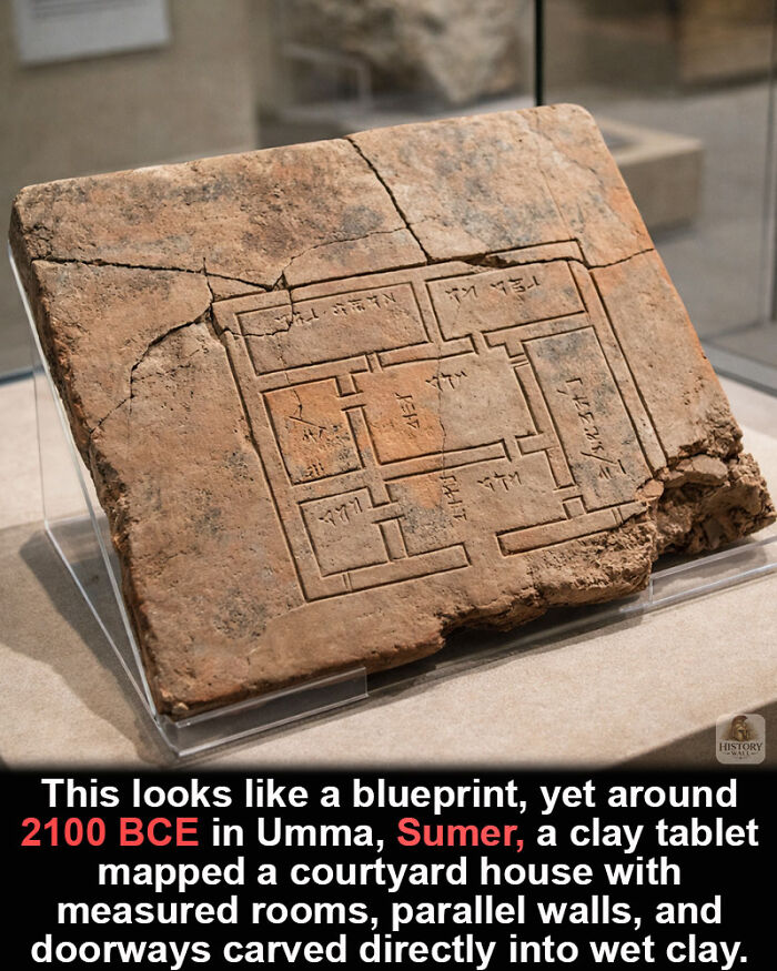 Ancient clay tablet blueprint from Sumer around 2100 BCE showing a courtyard house design, a historical marvel surviving time.