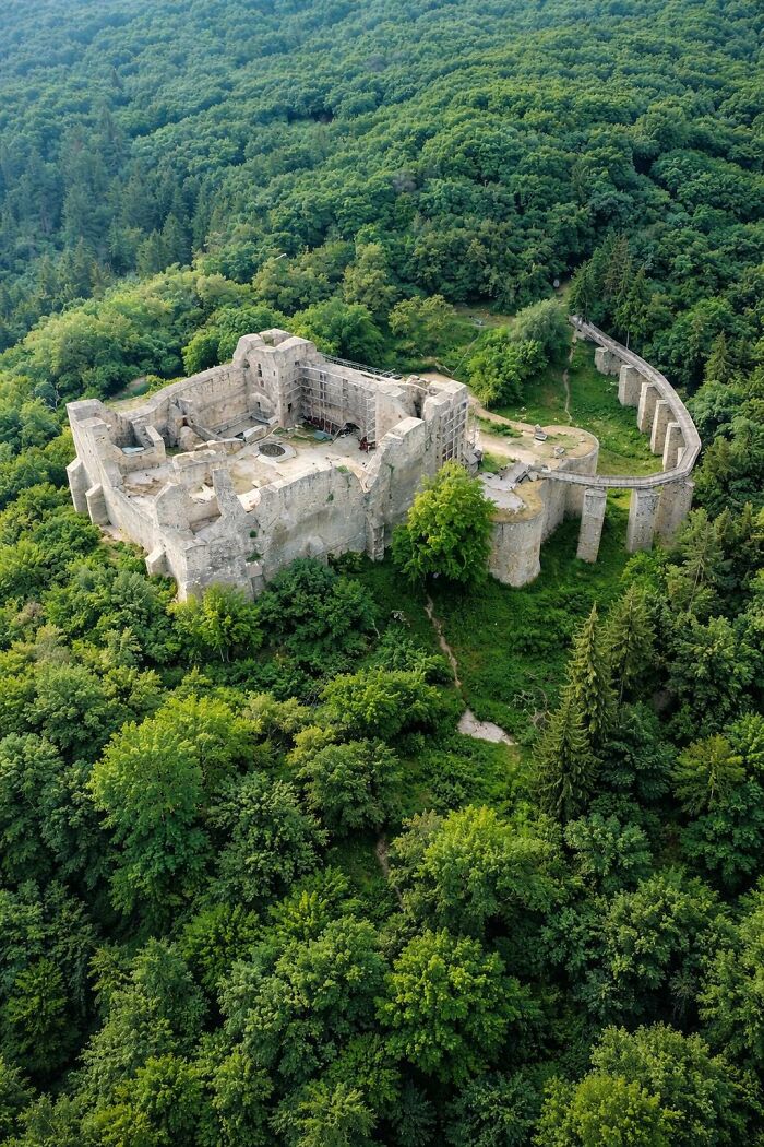 Aerial view of a historical marvel castle ruin surrounded by dense green forest, showcasing ancient architecture and heritage.