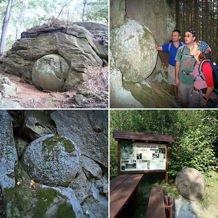 Ancient spherical stone formations known as historical marvels located in forested and rocky outdoor settings.