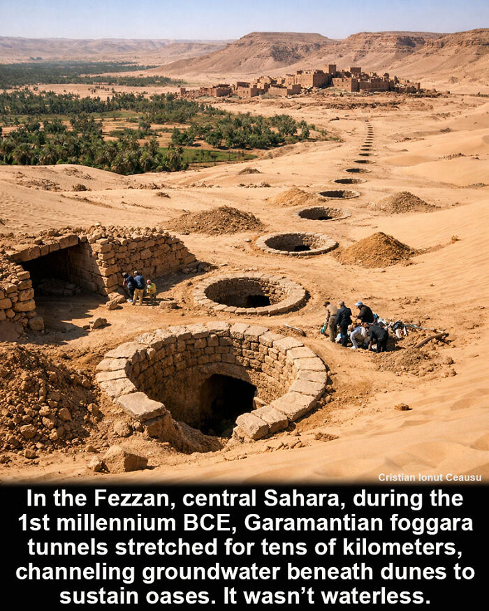Ancient Garamantian foggara tunnels in the Sahara desert, a historical marvel sustaining oases through groundwater channelling.