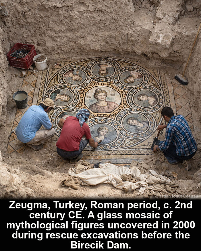Archaeologists uncover a historical marvel glass mosaic of mythological figures from Roman period in Zeugma, Turkey.