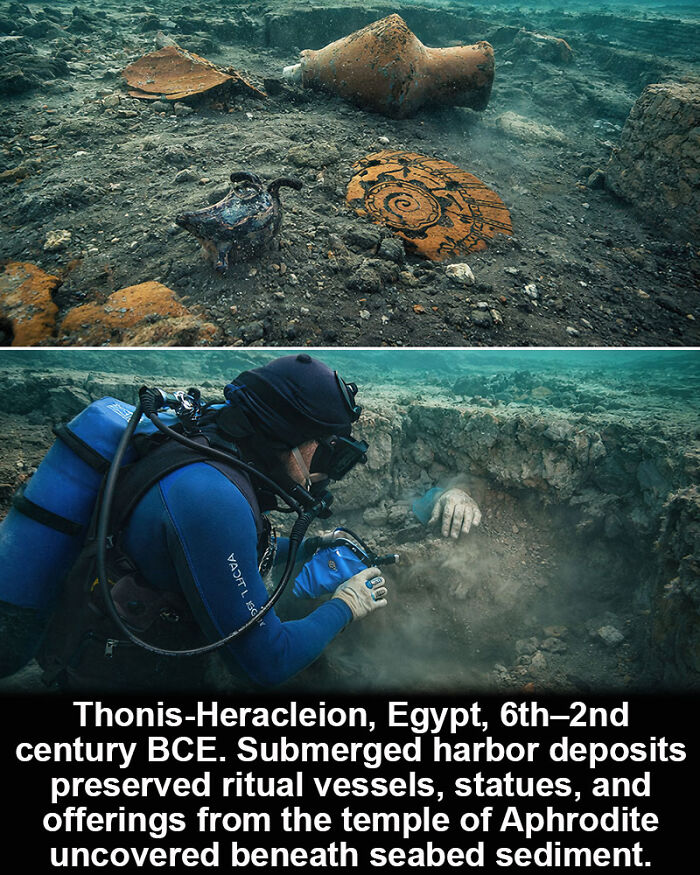 Underwater archaeologist uncovers historical marvels like ancient ritual vessels and statues in submerged Egyptian harbor.