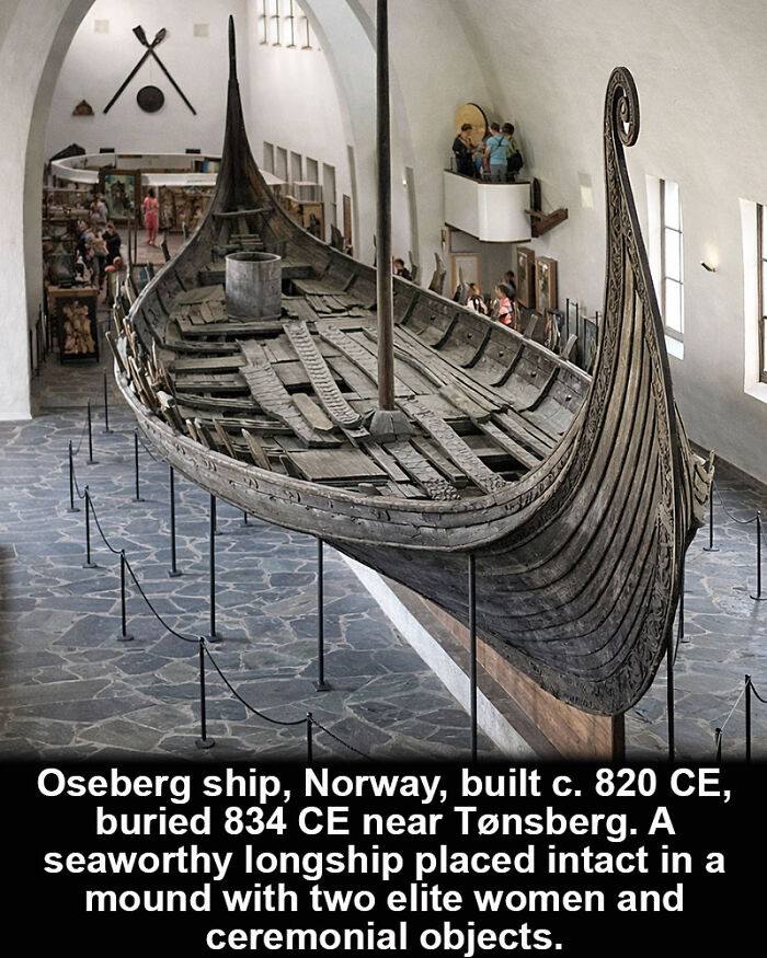 Oseberg ship in Norway, a historical marvel and intact Viking longship from 9th century, displayed in a museum setting.