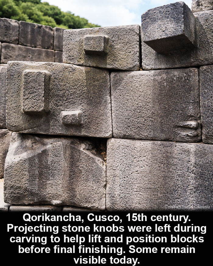 Close-up of 15th century Qorikancha stone blocks with projecting knobs, a historical marvel surviving through time in Cusco.