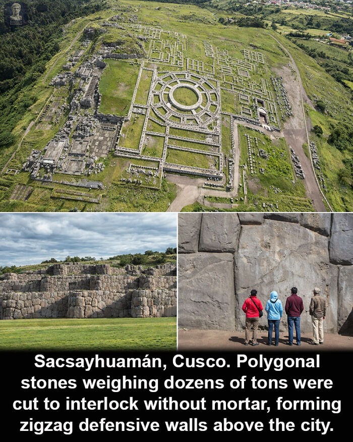 Aerial and close views of polygonal stones forming zigzag defensive walls at historical marvel Sacsayhuamán in Cusco.