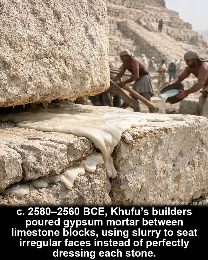 Historical marvels of ancient construction showing gypsum mortar poured between limestone blocks at Khufu’s pyramid site.