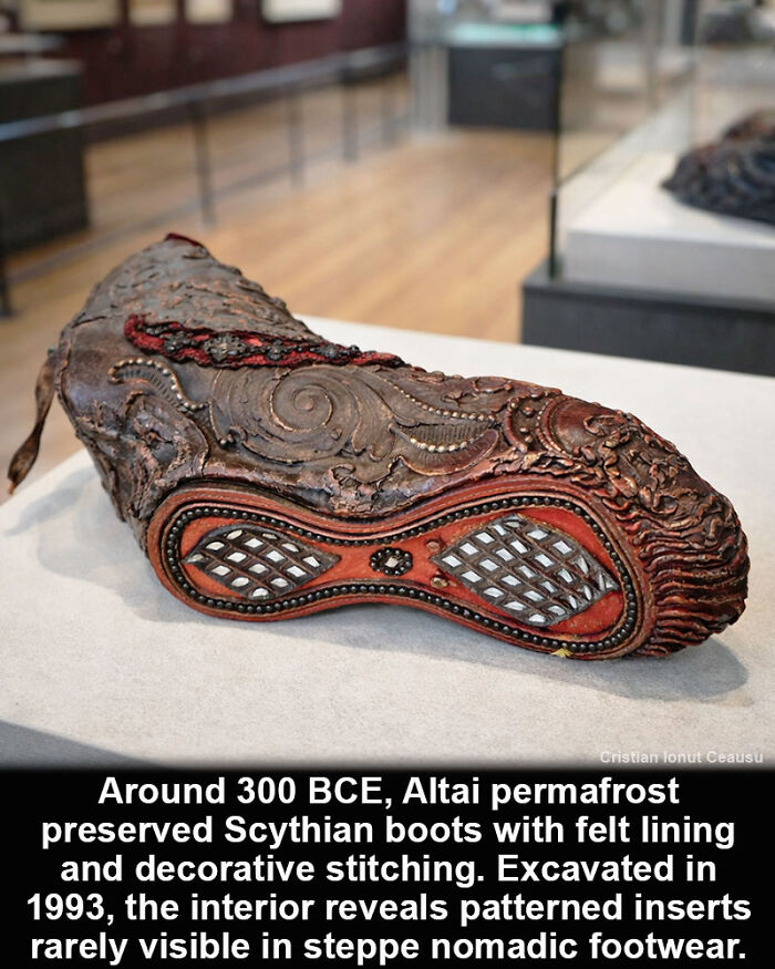 Ancient Scythian boots with decorative stitching preserved in Altai permafrost, a fascinating historical marvel surviving through time.