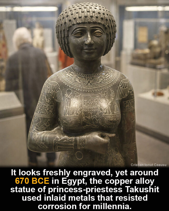 Copper alloy statue of princess-priestess Takushit from ancient Egypt, a historical marvel that survived through time and resisted corrosion.