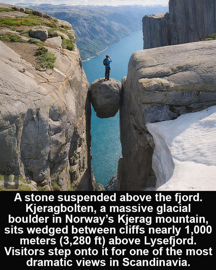 Visitor standing on Kjeragbolten stone wedged between cliffs, a historical marvel offering dramatic views above Norway’s fjord.