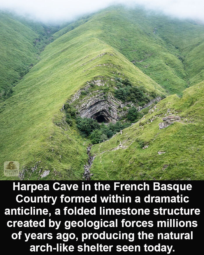 Harpea Cave in the French Basque Country, a historical marvel formed by geological forces creating a natural arch-like shelter.