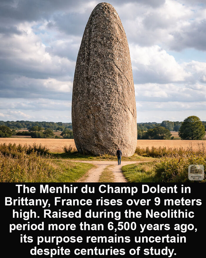 Menhir du Champ Dolent, a towering historical marvel in Brittany, France, from the Neolithic period over 6,500 years ago.