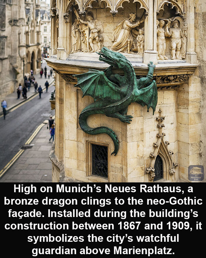 Bronze dragon sculpture on Munich’s Neues Rathaus neo-Gothic facade, a historical marvel symbolizing the city's guardian.