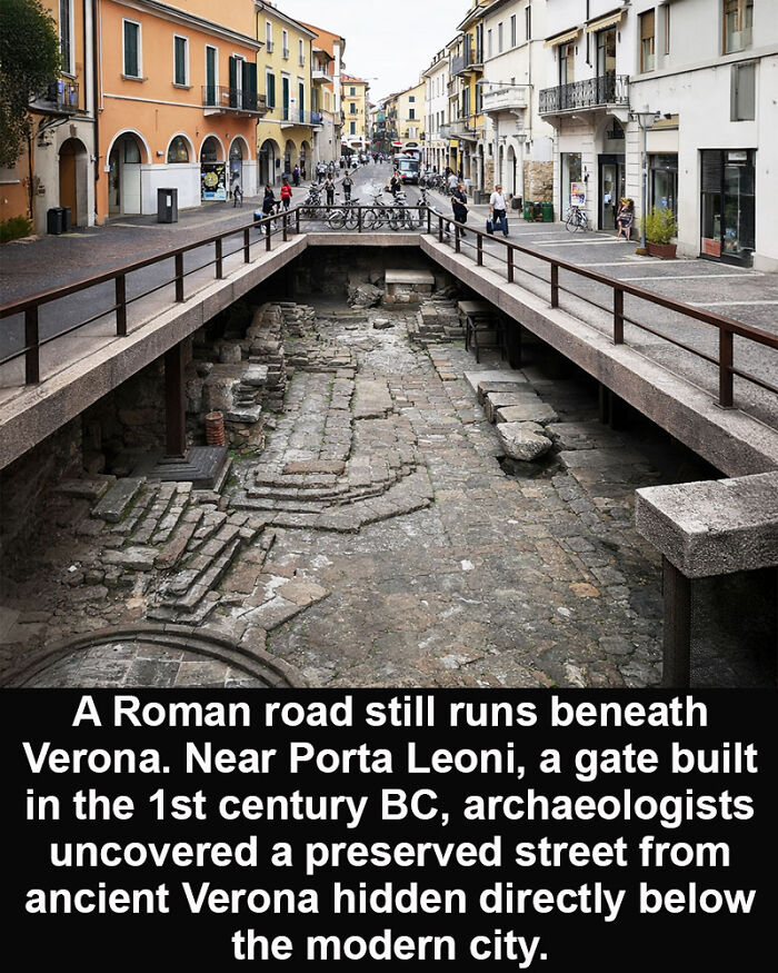 Ancient Roman road ruins beneath modern Verona showcase historical marvels preserved from the 1st century BC near Porta Leoni.