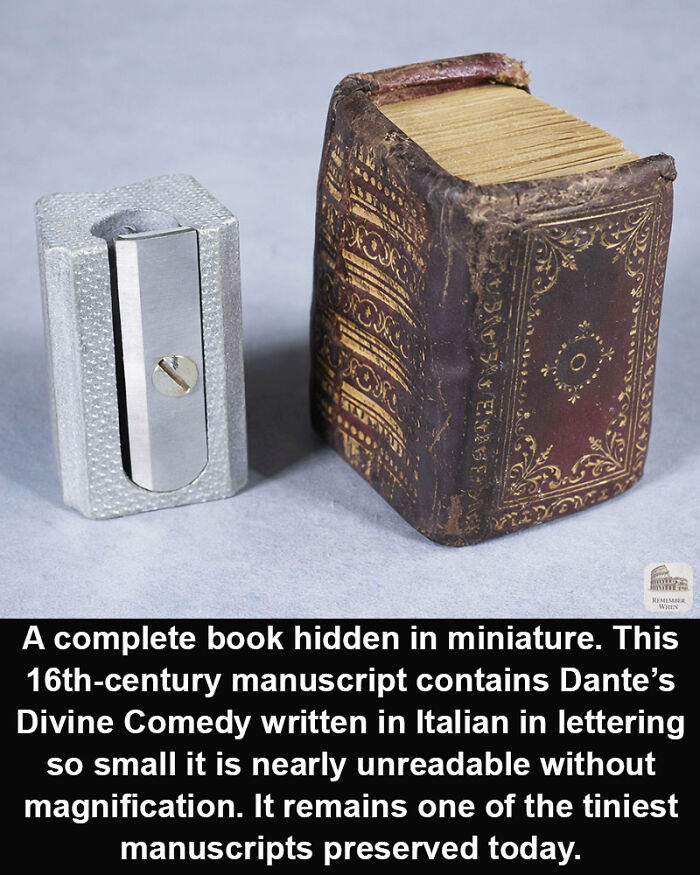 Tiny 16th-century historical marvel manuscript of Dante’s Divine Comedy with intricate leather binding, preserved through time.