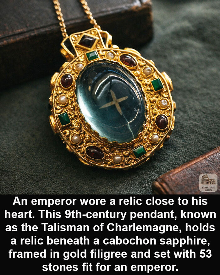 9th-century historical marvel talisman pendant with sapphire, gold filigree, and 53 stones that survived through time.
