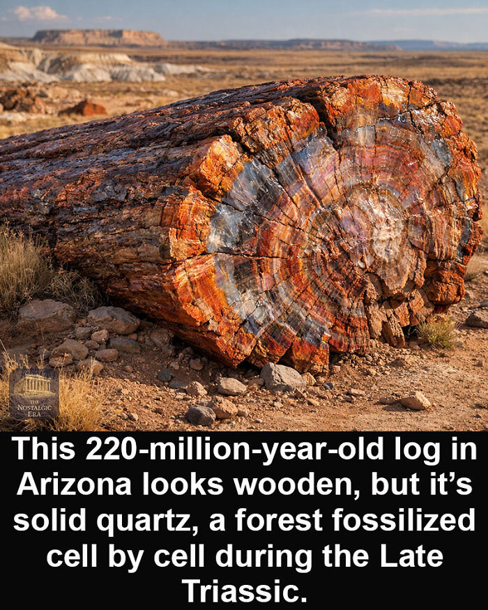 220-million-year-old fossilized quartz log in Arizona, an impressive historical marvel from the Late Triassic period.